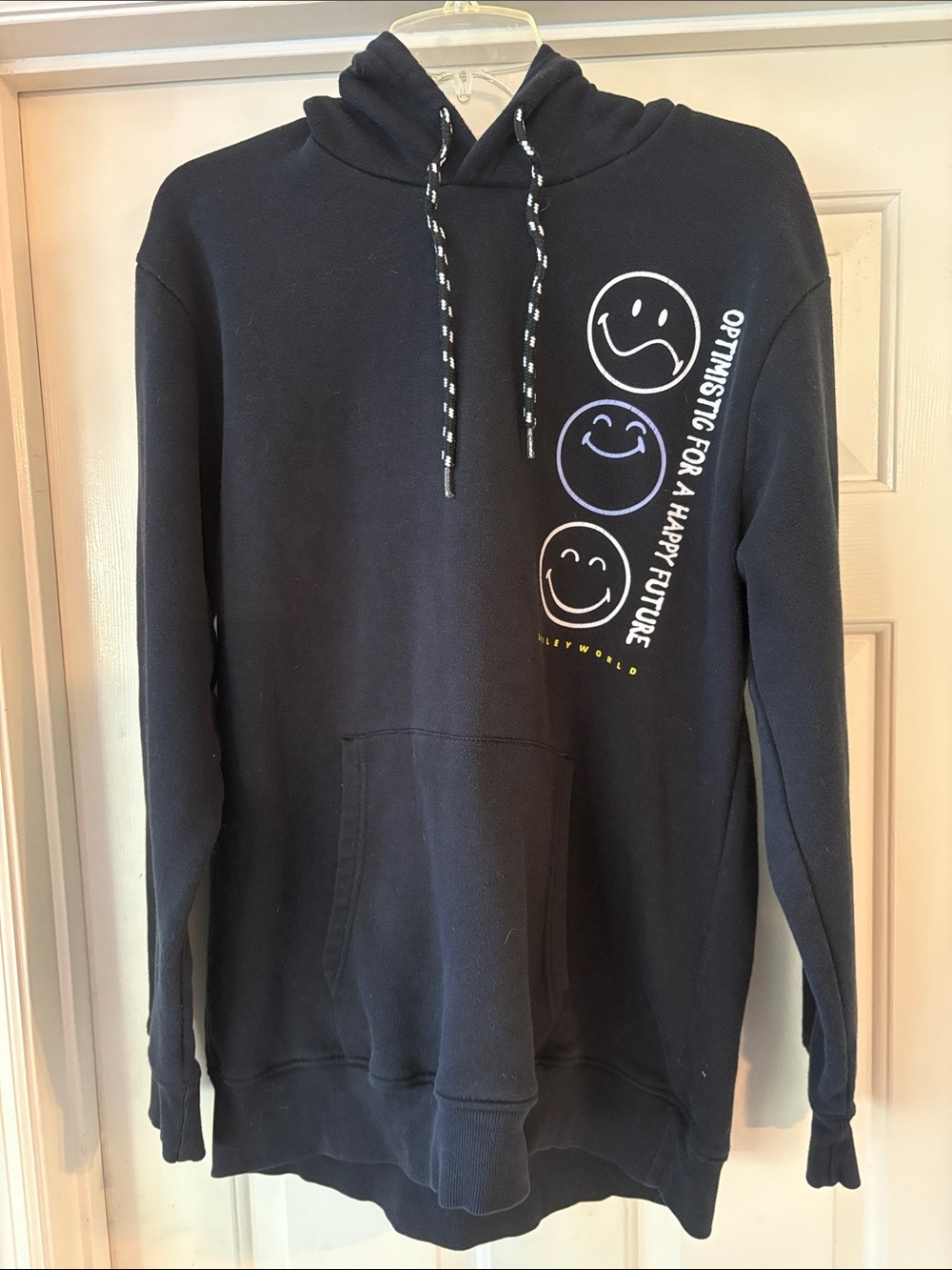 SmileyWorld "Optimistic for a Happy Future" Distorted Graphic Hoodie